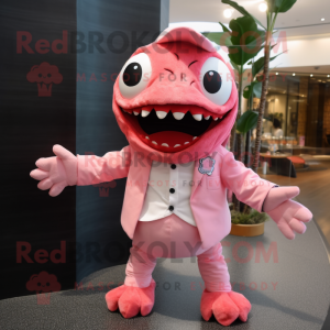 Pink Piranha mascot costume character dressed with a Blazer and Headbands