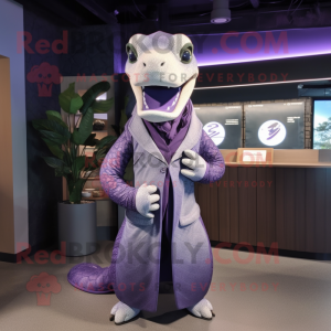 Lavender Titanoboa mascot costume character dressed with a Suit Jacket and Shawl pins