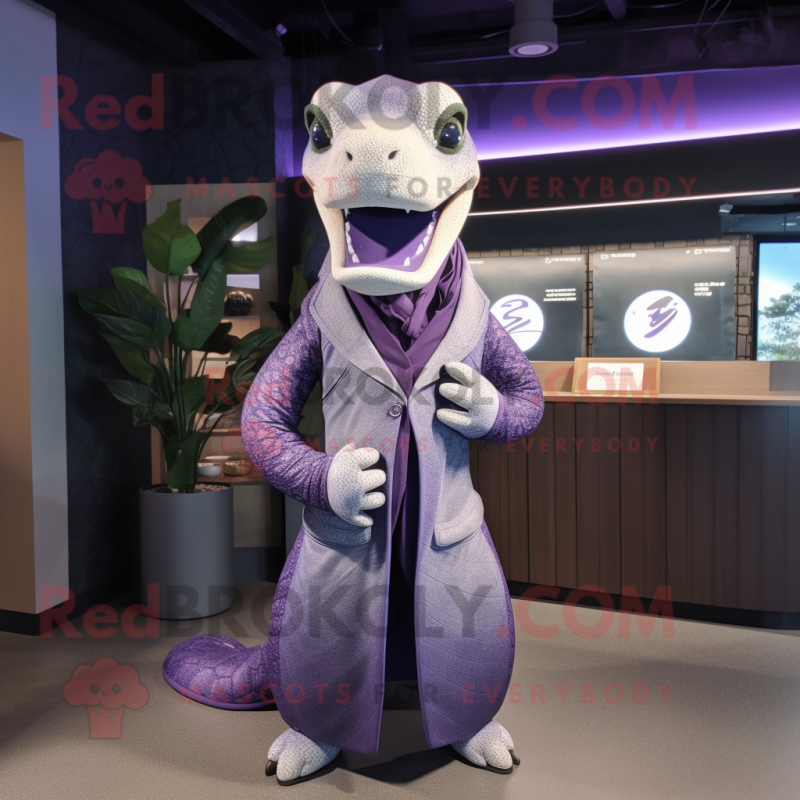 Lavender Titanoboa mascot costume character dressed with a Suit Jacket and Shawl pins Lavender Titanoboa mascot costume character dressed with a Suit Jacket and Shawl pins