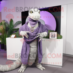 Lavender Titanoboa mascot costume character dressed with a Suit Jacket and Shawl pins