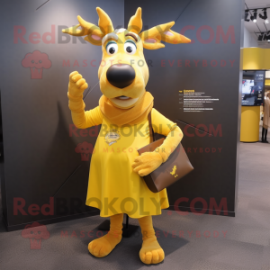 Yellow Elk mascot costume character dressed with a Pencil Skirt and Scarf clips
