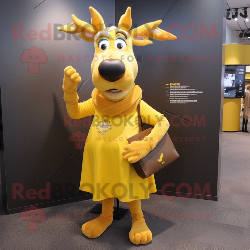 Yellow Elk mascot costume character dressed with a Pencil Skirt and Scarf clips Yellow Elk mascot costume character dressed with a Pencil Skirt and Scarf clips