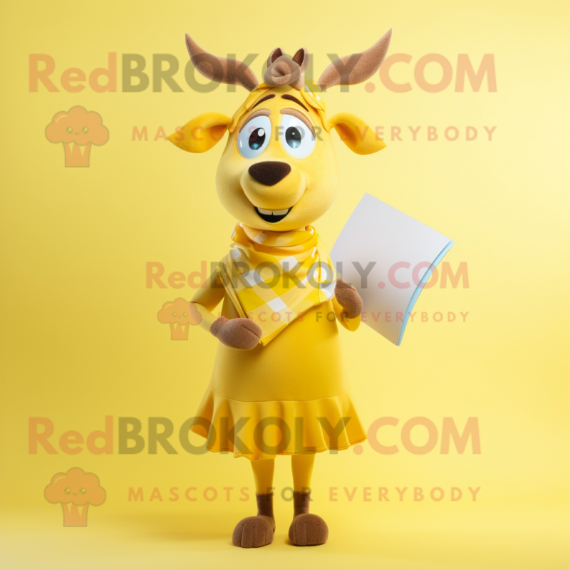 Yellow Elk mascot costume character dressed with a Pencil Skirt and Scarf clips Yellow Elk mascot costume character dressed with a Pencil Skirt and Scarf clips