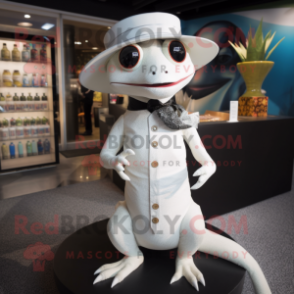 White Geckos mascot costume character dressed with a Skirt and Hat pins