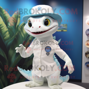 White Geckos mascot costume character dressed with a Skirt and Hat pins