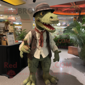 Olive Spinosaurus mascot costume character dressed with a Corduroy Pants and Cummerbunds