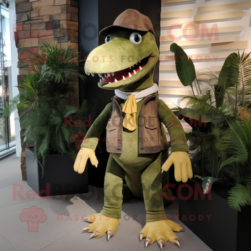 Olive Spinosaurus mascot costume character dressed with a Corduroy Pants and Cummerbunds