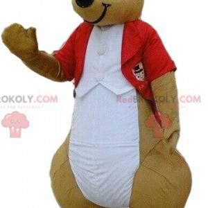 Mascotte canguro in costume rosso, costume elegante -