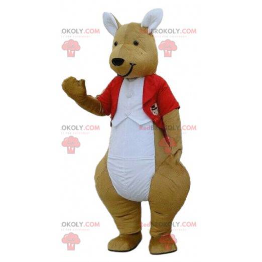 Kangoeroe mascotte in rood kostuum, elegant kostuum -
