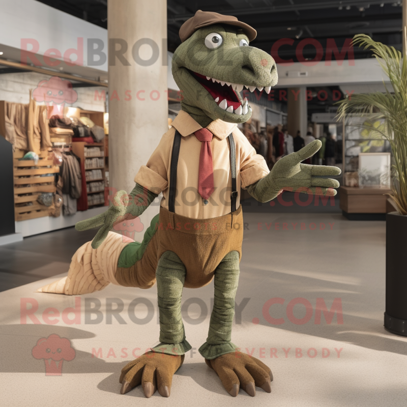 Olive Spinosaurus mascot costume character dressed with a Corduroy Pants and Cummerbunds