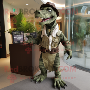 Olive Spinosaurus mascot costume character dressed with a Corduroy Pants and Cummerbunds