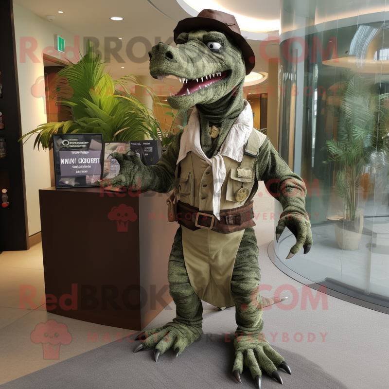 Olive Spinosaurus mascot costume character dressed with a Corduroy Pants and Cummerbunds