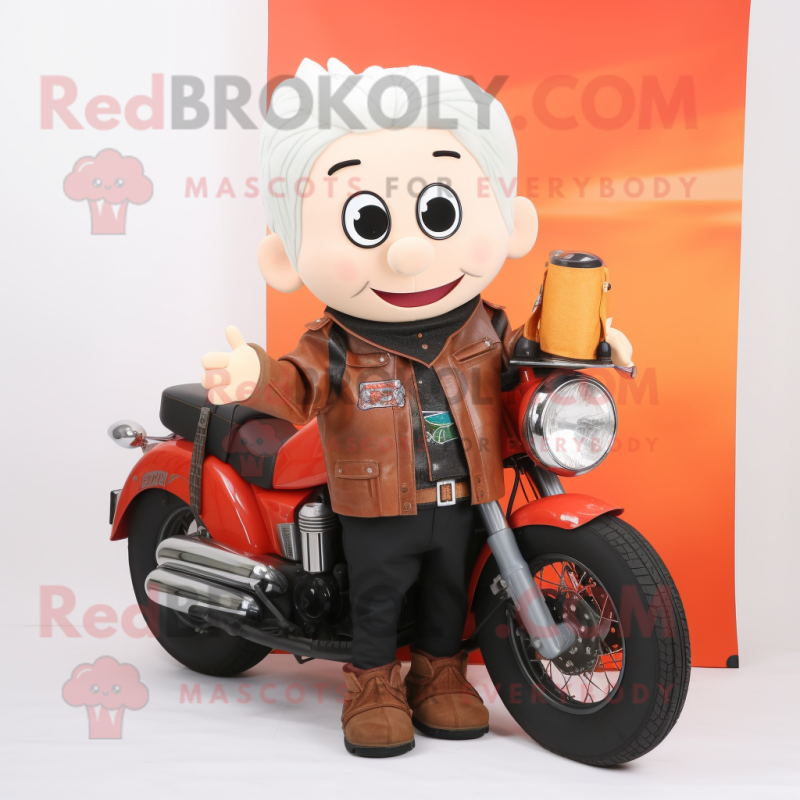 nan Apricot mascot costume character dressed with a Biker Jacket and Messenger bags