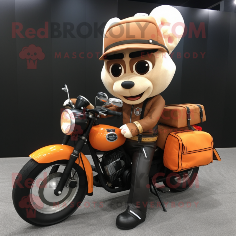 nan Apricot mascot costume character dressed with a Biker Jacket and Messenger bags