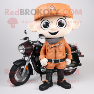 nan Apricot mascot costume character dressed with a Biker Jacket and Messenger bags