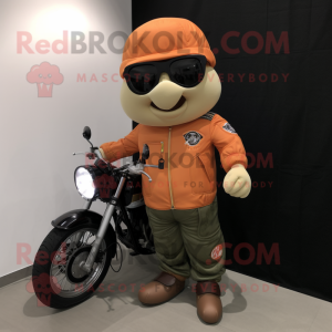 nan Apricot mascot costume character dressed with a Biker Jacket and Messenger bags