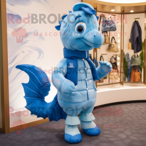 Sky Blue Seahorse mascot costume character dressed with a Parka and Shoe clips