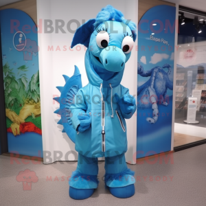 Sky Blue Seahorse mascot costume character dressed with a Parka and Shoe clips