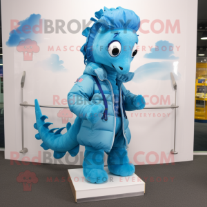 Sky Blue Seahorse mascot costume character dressed with a Parka and Shoe clips