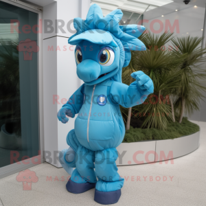 Sky Blue Seahorse mascot costume character dressed with a Parka and Shoe clips