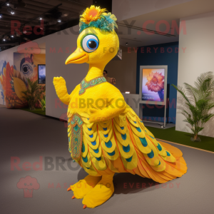 Yellow Peacock mascot costume character dressed with a Midi Dress and Anklets