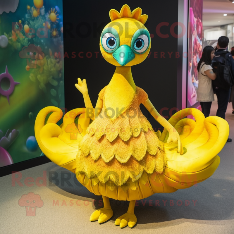 Yellow Peacock mascot costume character dressed with a Midi Dress and Anklets Yellow Peacock mascot costume character dressed with a Midi Dress and Anklets