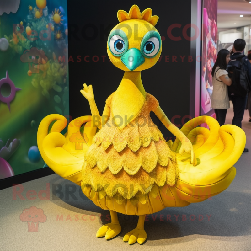 Yellow Peacock mascot costume character dressed with a Midi Dress and Anklets