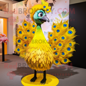 Yellow Peacock mascot costume character dressed with a Midi Dress and Anklets