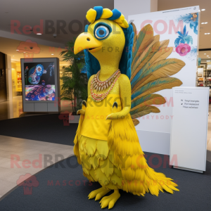Yellow Peacock mascot costume character dressed with a Midi Dress and Anklets