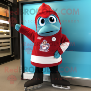 Red Pair Of Ice Skates mascot costume character dressed with a Cardigan and Mittens