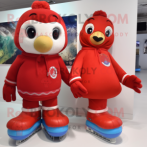 Red Pair Of Ice Skates mascot costume character dressed with a Cardigan and Mittens