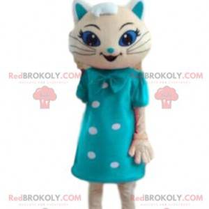 Mascotte de chat blanc avec une robe bleue, costume festif -