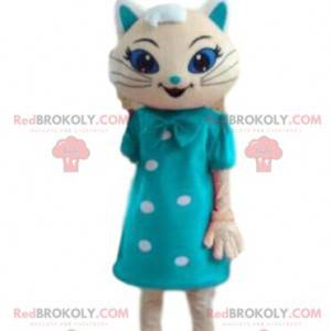 Mascotte gatto bianco con un vestito blu, costume festivo -