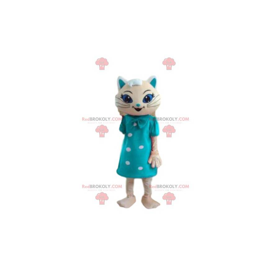 Mascotte de chat blanc avec une robe bleue, costume festif -