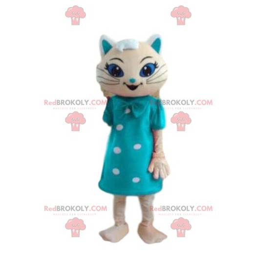 Weißes Katzenmaskottchen mit einem blauen Kleid, festliches