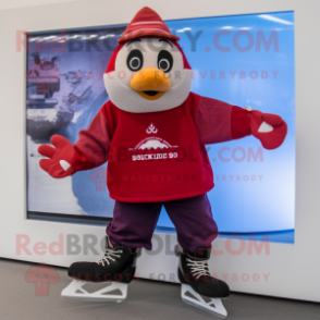 Red Pair Of Ice Skates mascot costume character dressed with a Cardigan and Mittens