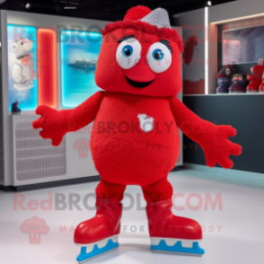 Red Pair Of Ice Skates mascot costume character dressed with a Cardigan and Mittens