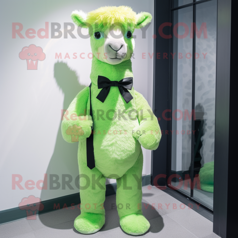 Lime Green Alpaca mascot costume character dressed with a Tank Top and Bow ties