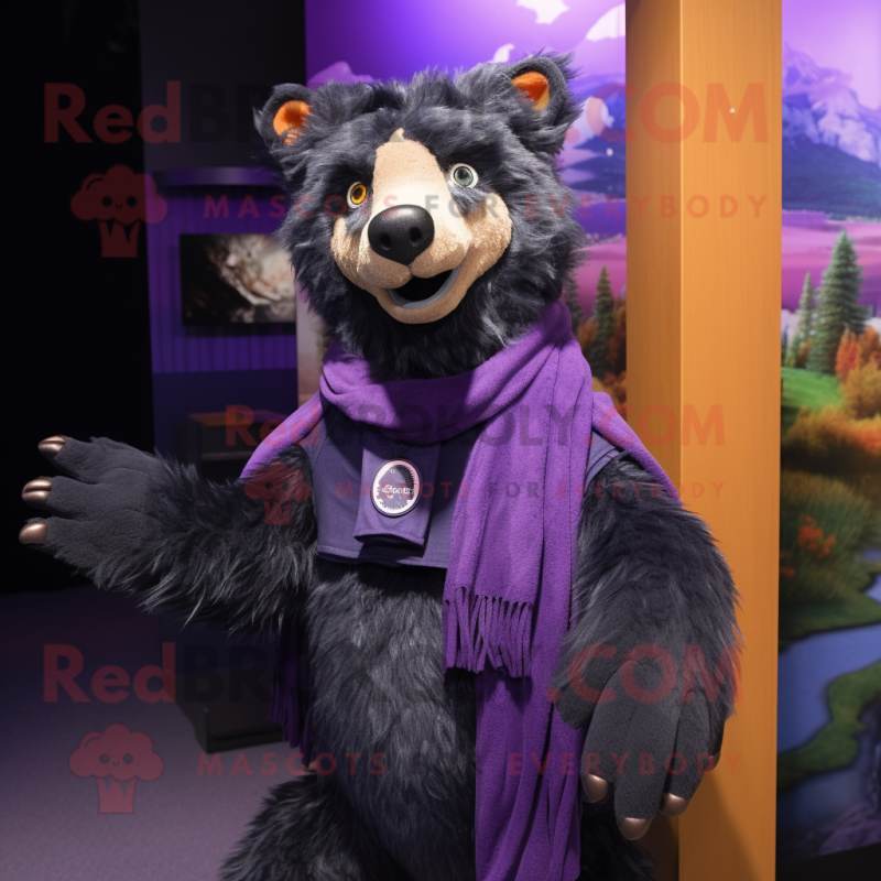 Purple Spectacled Bear mascot costume character dressed with a Skinny Jeans and Shawl pins Purple Spectacled Bear mascot costume character dressed with a Skinny Jeans and Shawl pins