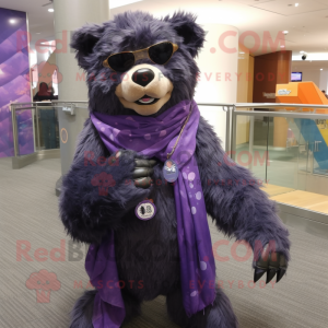 Purple Spectacled Bear mascot costume character dressed with a Skinny Jeans and Shawl pins
