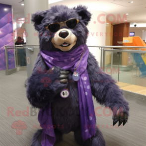 Purple Spectacled Bear mascot costume character dressed with a Skinny Jeans and Shawl pins