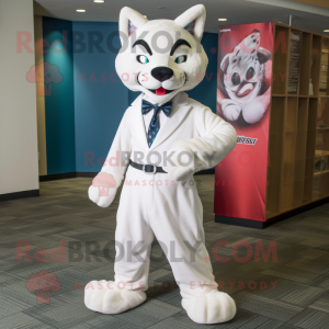 White Bobcat mascot costume character dressed with a Dress Pants and Cummerbunds