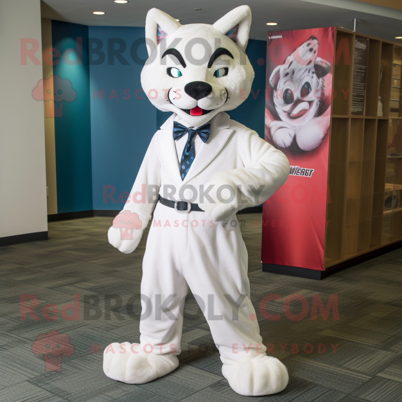 White Bobcat mascot costume character dressed with a Dress Pants and Cummerbunds White Bobcat mascot costume character dressed with a Dress Pants and Cummerbunds