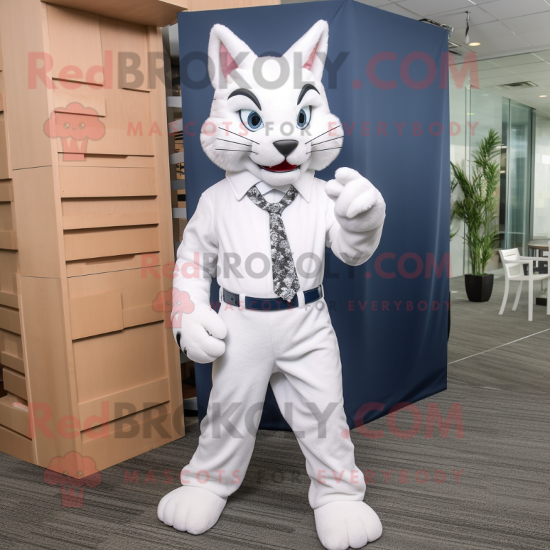 White Bobcat mascot costume character dressed with a Dress Pants and Cummerbunds