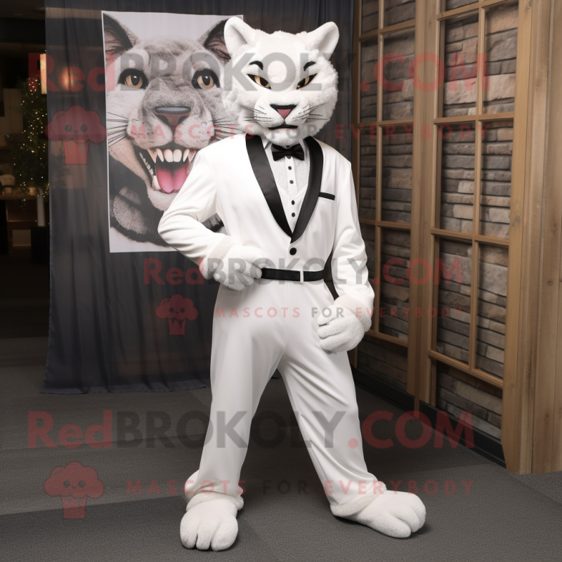 White Bobcat mascot costume character dressed with a Dress Pants and Cummerbunds White Bobcat mascot costume character dressed with a Dress Pants and Cummerbunds