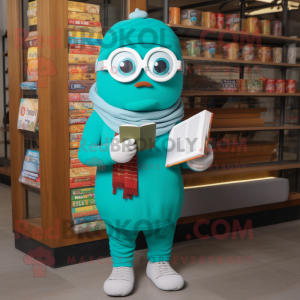 Turquoise Falafel mascot costume character dressed with a Sweatshirt and Reading glasses