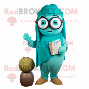 Turquoise Falafel mascot costume character dressed with a Sweatshirt and Reading glasses
