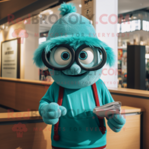 Turquoise Falafel mascot costume character dressed with a Sweatshirt and Reading glasses