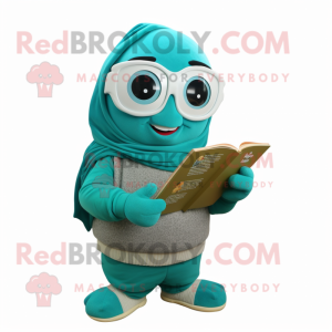 Turquoise Falafel mascot costume character dressed with a Sweatshirt and Reading glasses