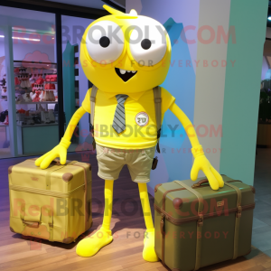 Lemon Yellow Spider mascot costume character dressed with a Cargo Shorts and Briefcases